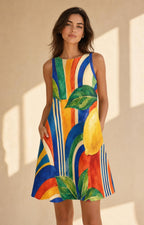 Colorful Lemon A-Line Dress, Retro Italian Summer Resort Outfit, Pockets - image 3