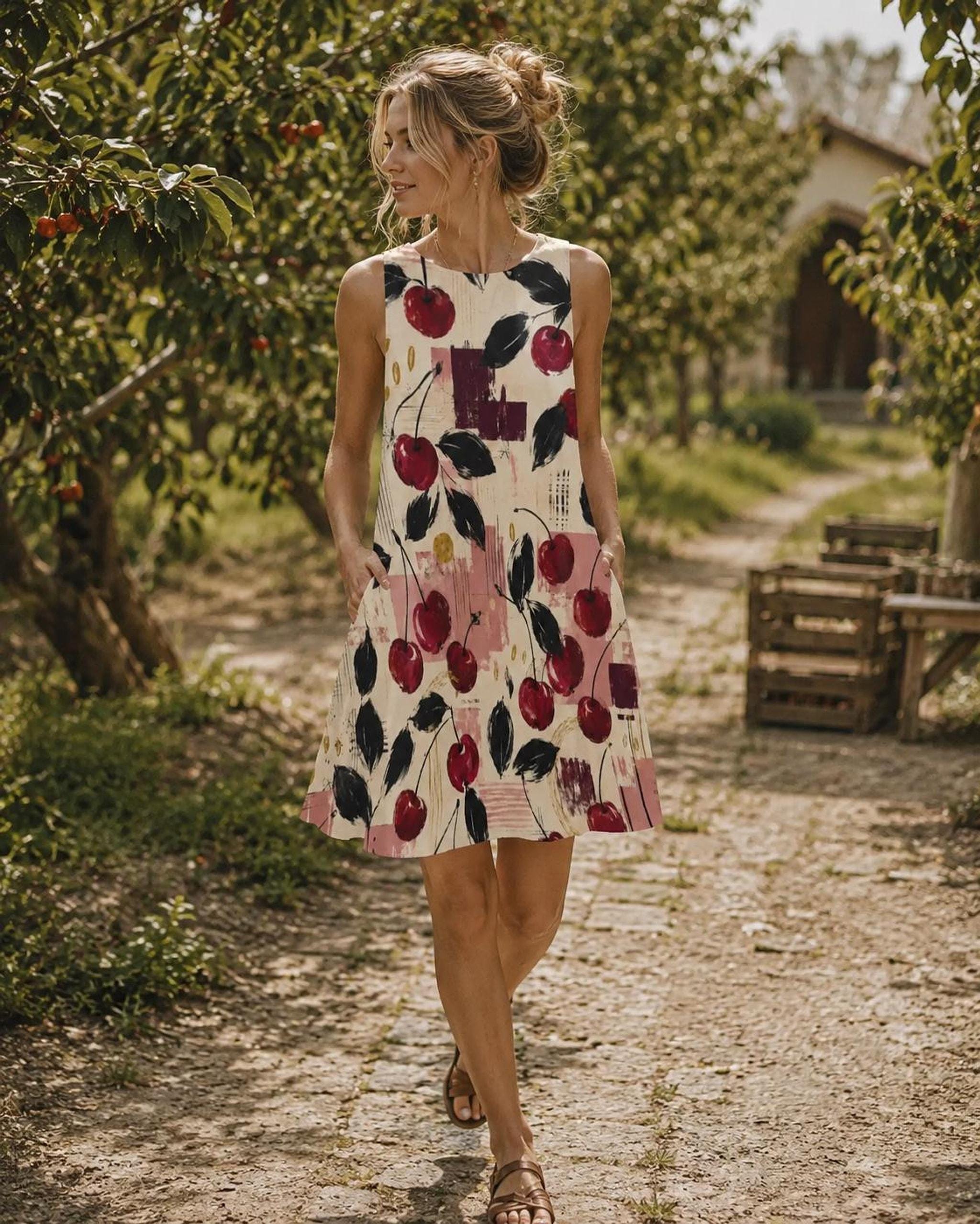 Cherry Print Dress with Pockets, Sleeveless A-Line Mini - image 3