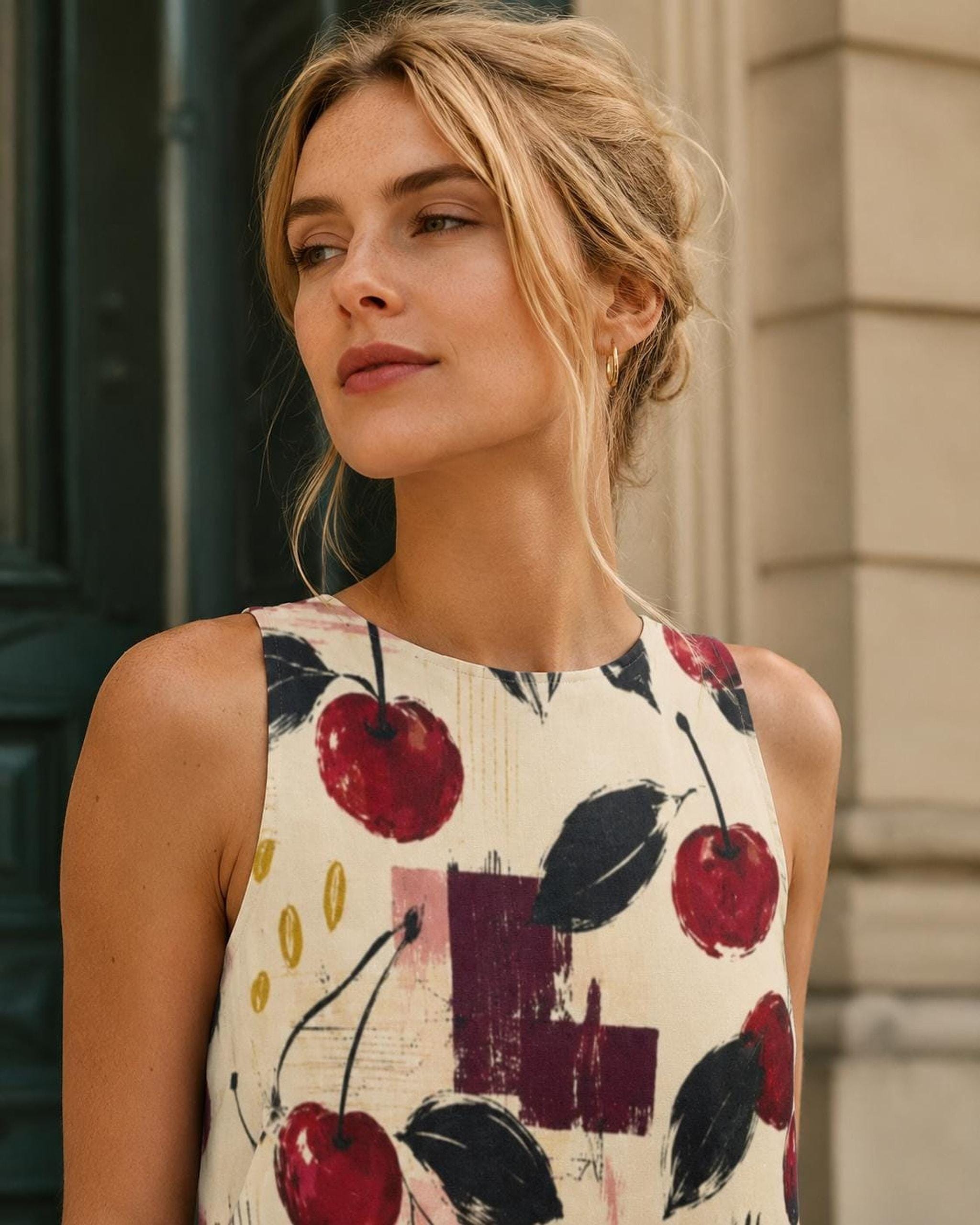 Cherry Print Dress with Pockets, Sleeveless A-Line Mini - image 4