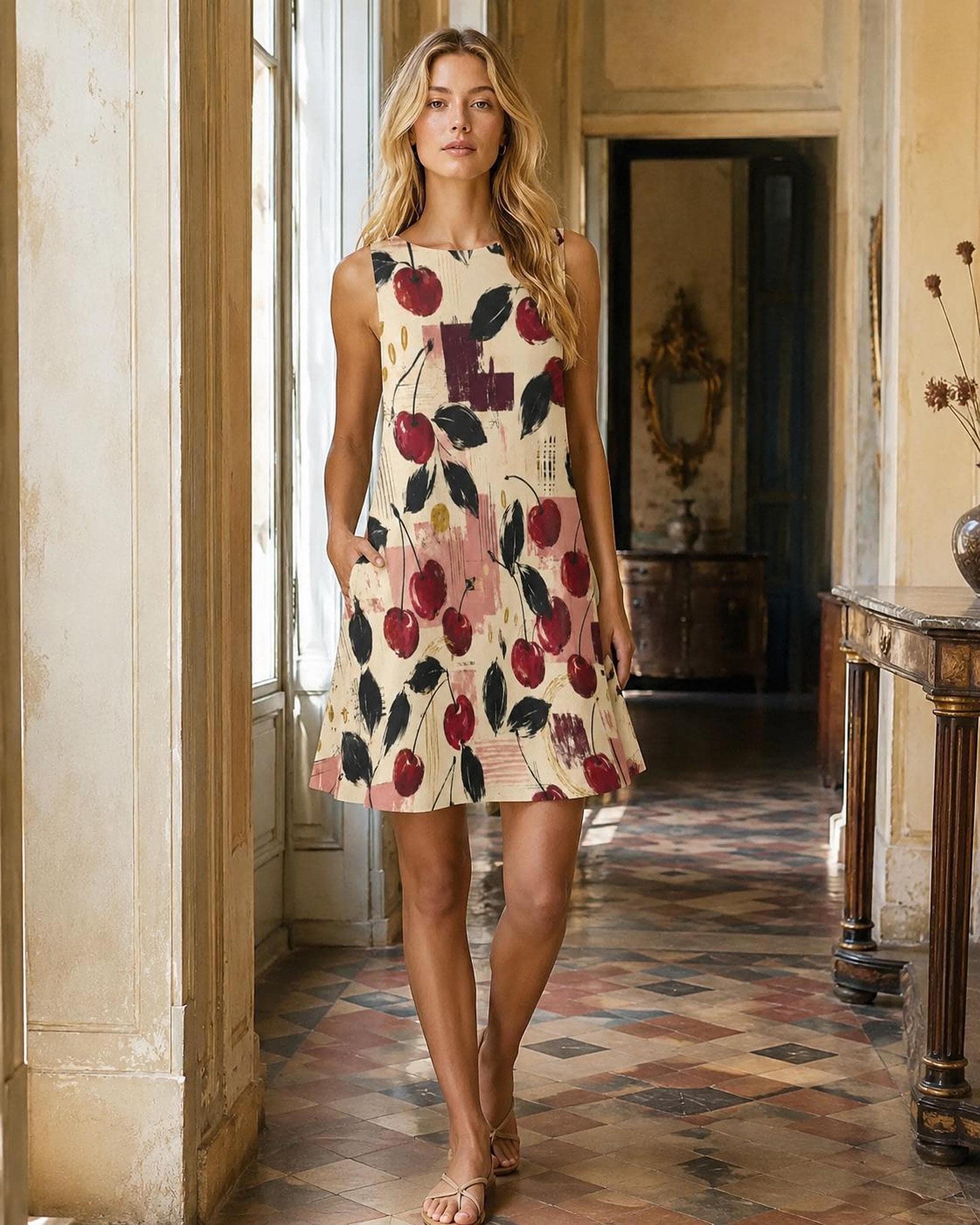 Cherry Print Dress with Pockets, Sleeveless A-Line Mini - image 7