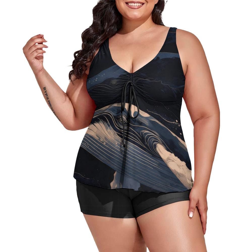 Plus Size Tankini Swimsuit, Black Marble Abstract Print Two-Piece Set - image 7