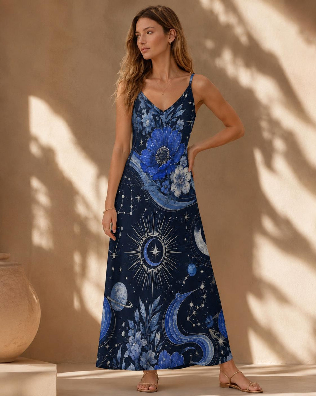 Celestial Maxi Dress, Moon Stars Floral Slip, Blue Boho Summer Vacation Outfit - image 7