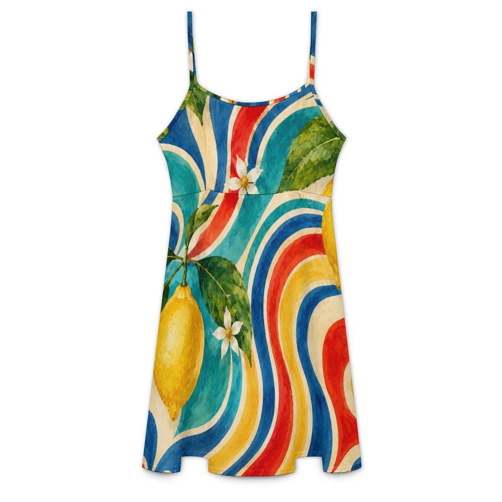 Amalfi Coast Lemon Dress, 70s Italian Watercolor Print Slip, Mediterranean Vacation Outfit - image 10