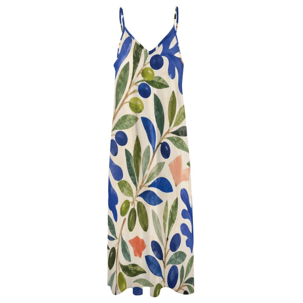Mediterranean Maxi Dress, Abstract Botanical Print, Flowy V-Neck Resort Sundress - image 9