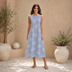 Powder Blue Fish Print Cotton Midi Dress with Pockets, Sleeveless A-Line - image 6