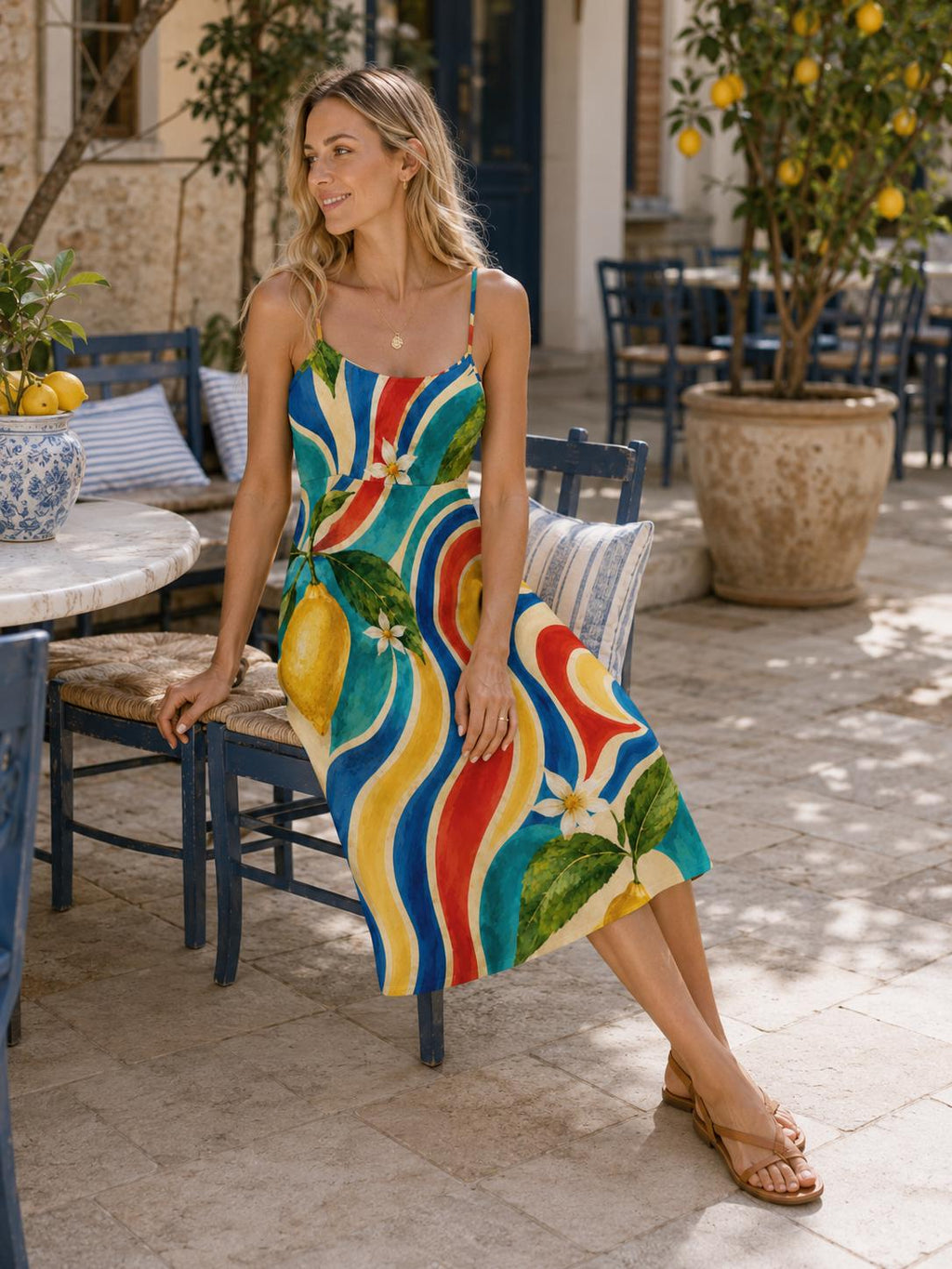 Amalfi Coast Lemon Dress, 70s Italian Watercolor Print Slip, Mediterranean Vacation Outfit - image 6