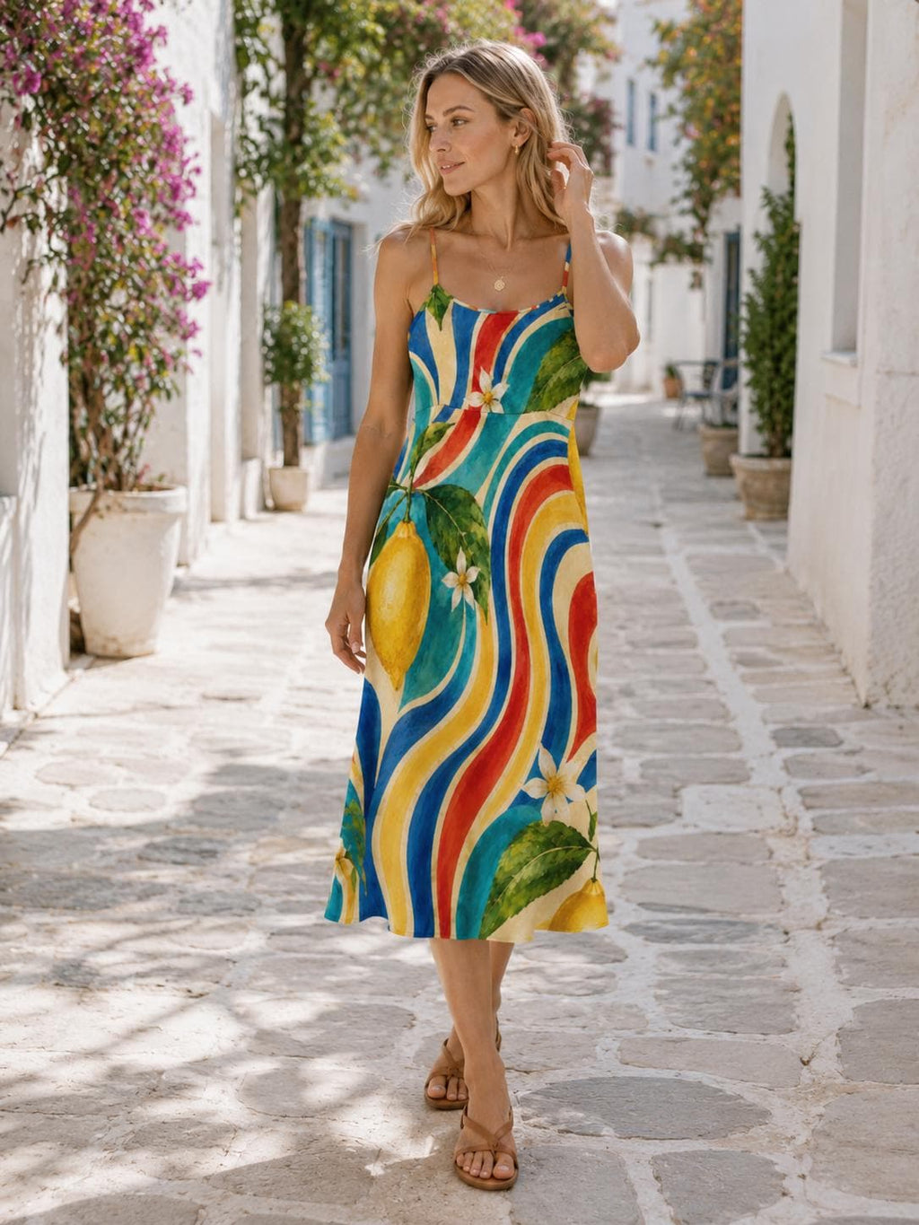 Amalfi Coast Lemon Dress, 70s Italian Watercolor Print Slip, Mediterranean Vacation Outfit - image 7