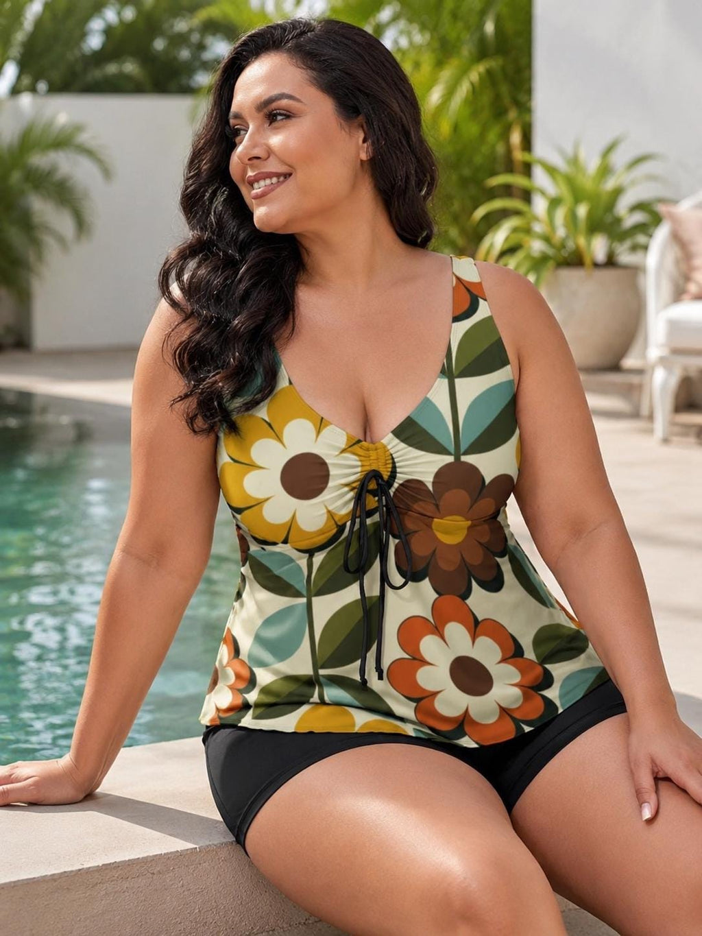 Plus Size Retro Floral Tankini With Shorts, 70s Modest Swimwear Beach Vacation Outfit - image 4