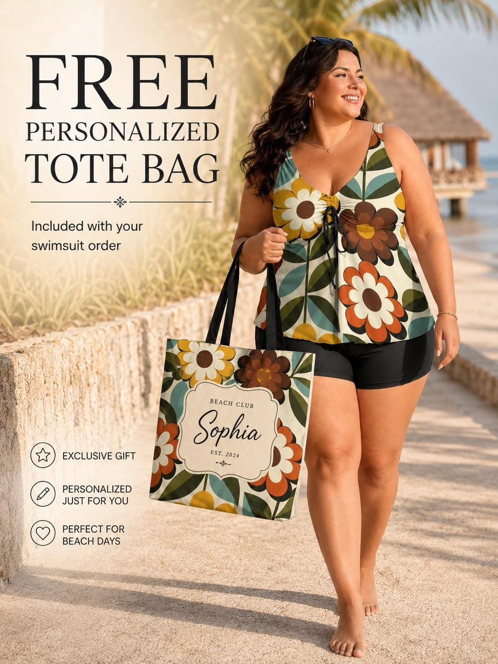 Plus Size Retro Floral Tankini With Shorts, 70s Modest Swimwear Beach Vacation Outfit - image 2
