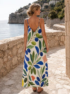 Mediterranean Maxi Dress, Abstract Botanical Print, Flowy V-Neck Resort Sundress - image 3