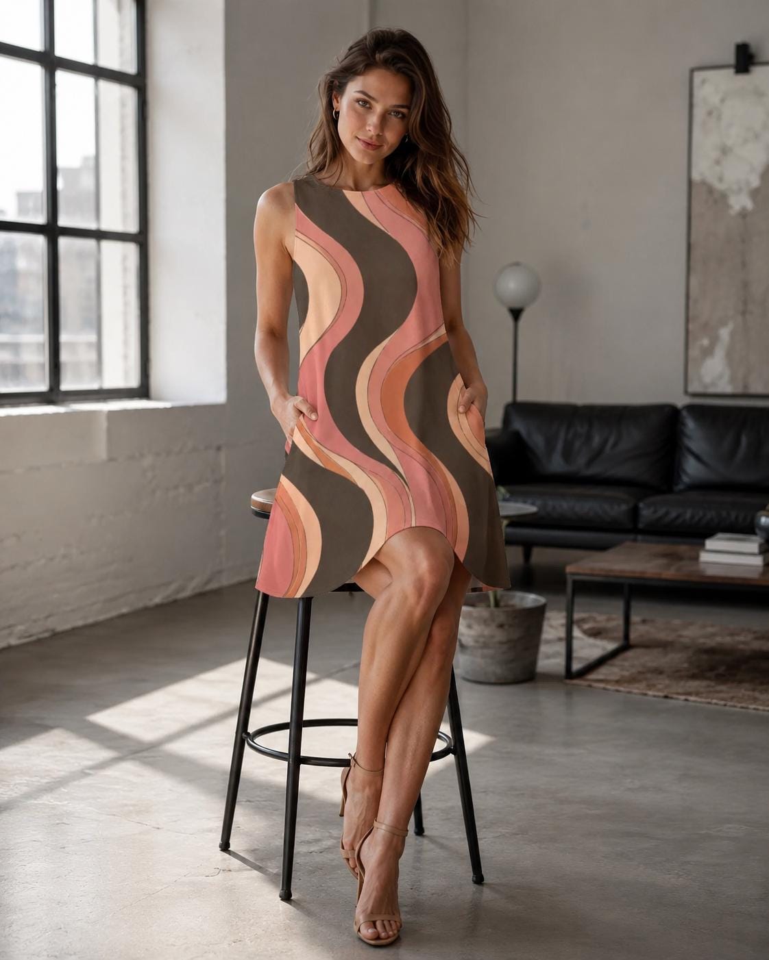Retro Wave Print A-Line Mini Dress with Pockets - image 5