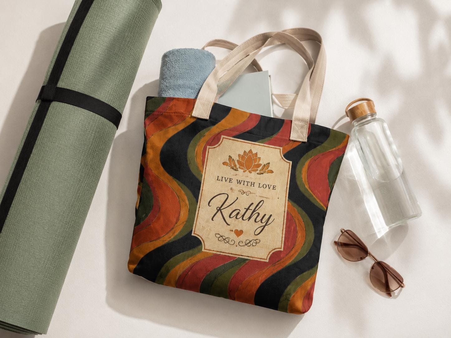 Personalized Retro Yoga Tote, Cotton-Linen Custom Name Bag with Inner Zipper Pocket - image 2