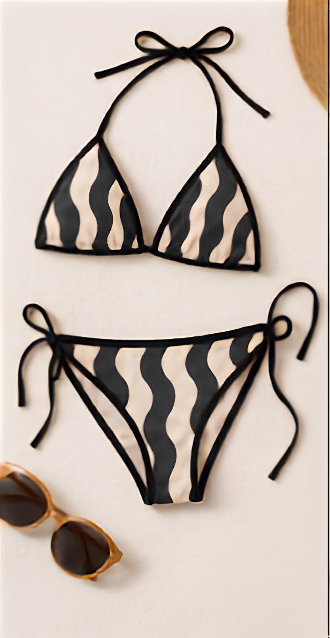 Retro Zebra Print Triangle Bikini, Black Cream String Swimsuit - image 3