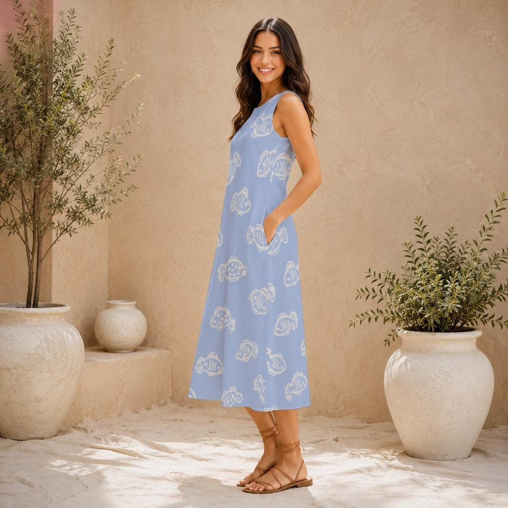 Powder Blue Fish Print Cotton Midi Dress with Pockets, Sleeveless A-Line - image 9