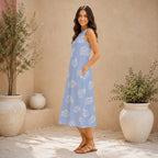 Powder Blue Fish Print Cotton Midi Dress with Pockets, Sleeveless A-Line - image 9