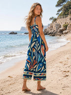 Celestial Mosaic Wide-Leg Jumpsuit with Pockets | Blue Teal