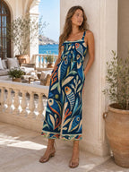 Celestial Mosaic Wide-Leg Jumpsuit with Pockets | Blue Teal