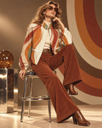 Women's 70s Retro Flannel Shacket, Orange Wave Print Jacket, Stand Collar Outerwear