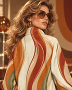 Women's 70s Retro Flannel Shacket, Orange Wave Print Jacket, Stand Collar Outerwear