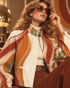 Women's 70s Retro Flannel Shacket, Orange Wave Print Jacket, Stand Collar Outerwear