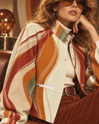 Women's 70s Retro Flannel Shacket, Orange Wave Print Jacket, Stand Collar Outerwear