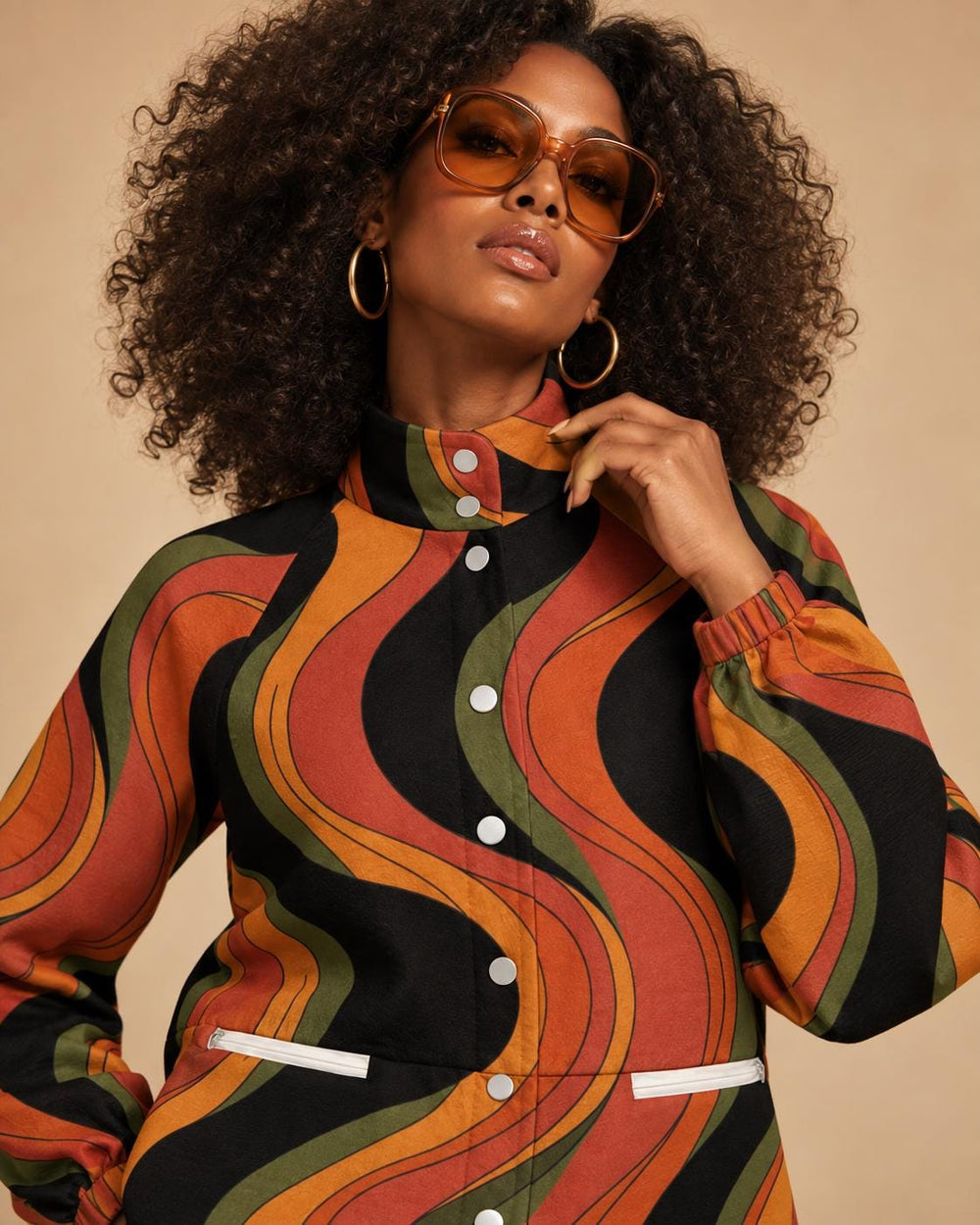 Women's 70s Psychedelic Flannel Jacket, Orange Wave Print, Stand Collar