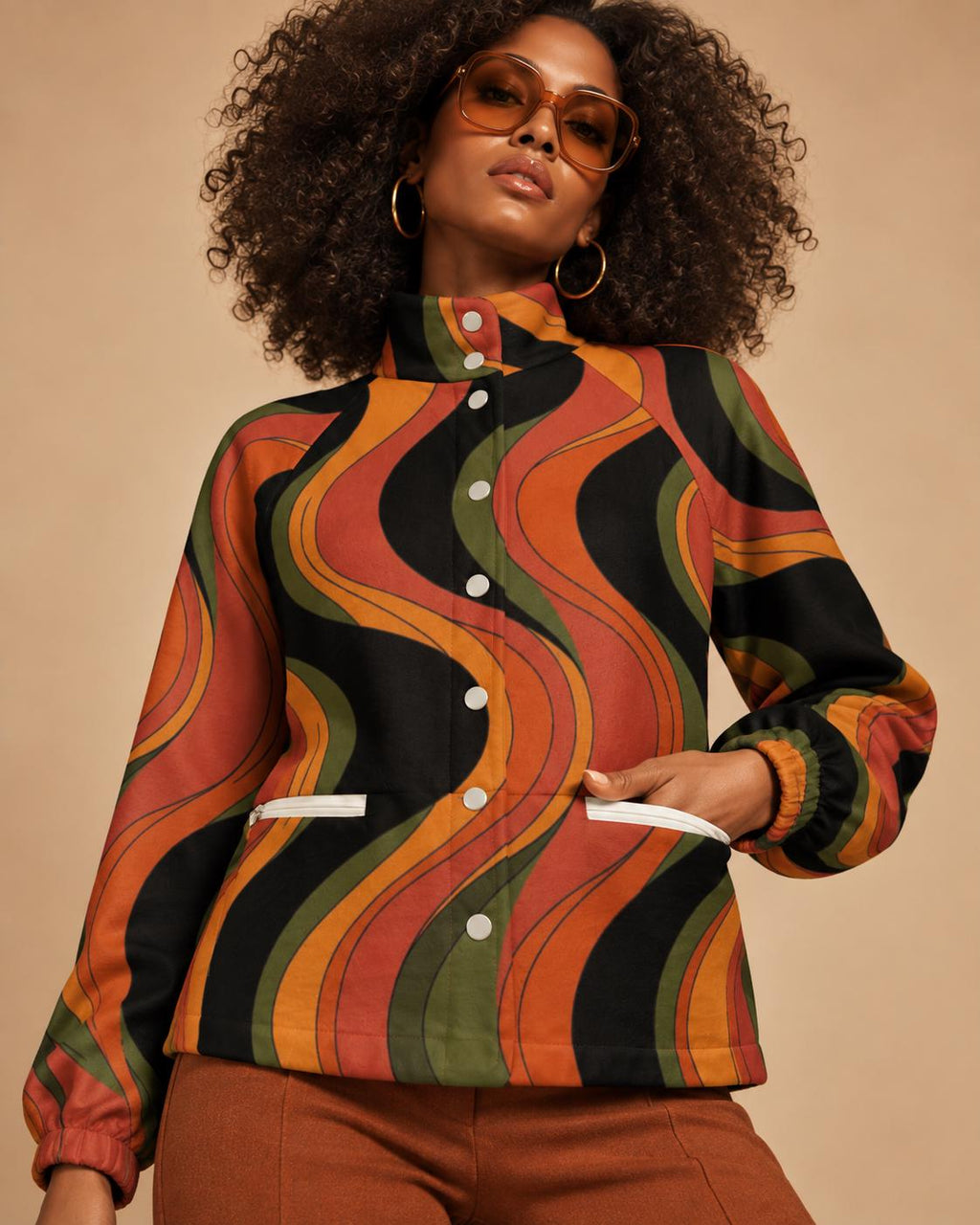 Women's 70s Psychedelic Flannel Jacket, Orange Wave Print, Stand Collar
