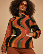 Women's 70s Psychedelic Flannel Jacket, Orange Wave Print, Stand Collar