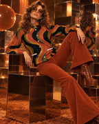 Women's 70s Psychedelic Flannel Jacket, Orange Wave Print, Stand Collar
