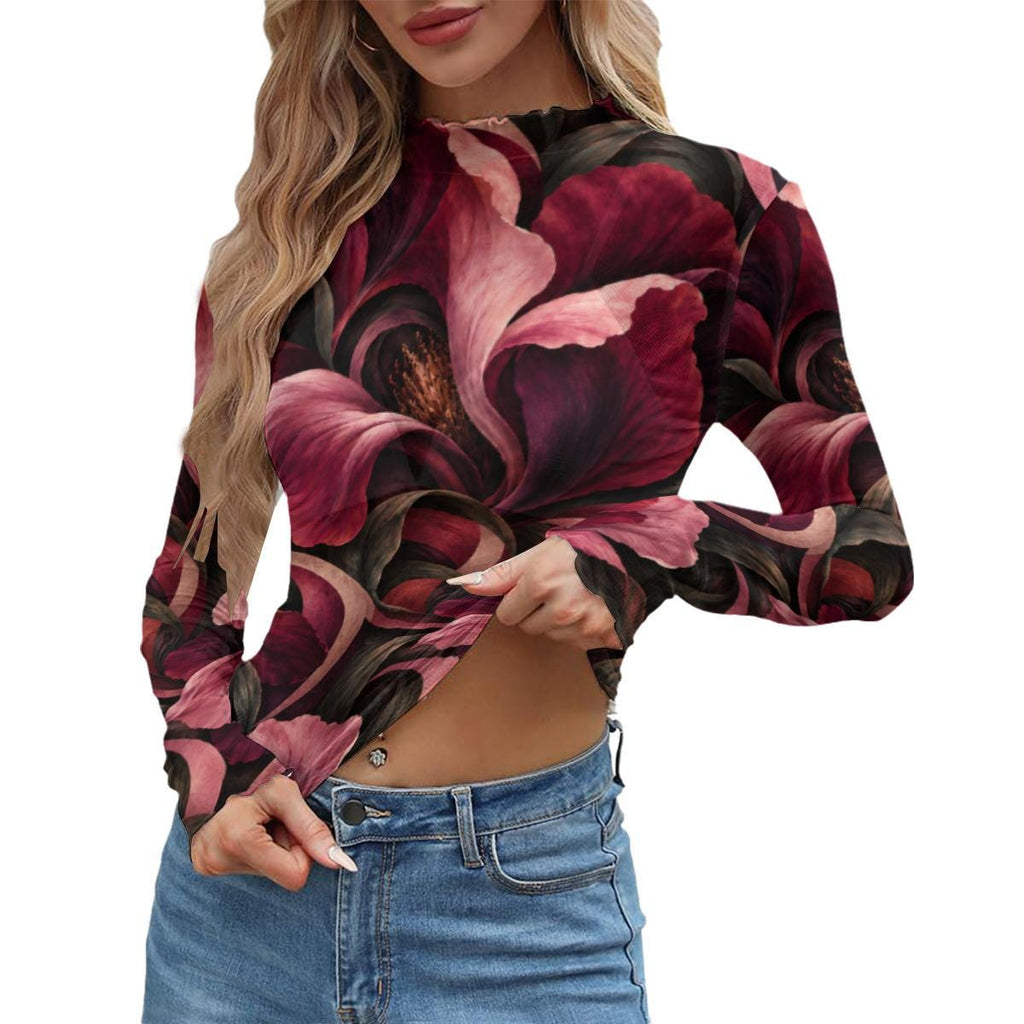 Burgundy Dark Floral Mesh Top, Sheer Long Sleeve Mock Neck Shirt — photo 11