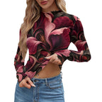Burgundy Dark Floral Mesh Top, Sheer Long Sleeve Mock Neck Shirt — photo 11