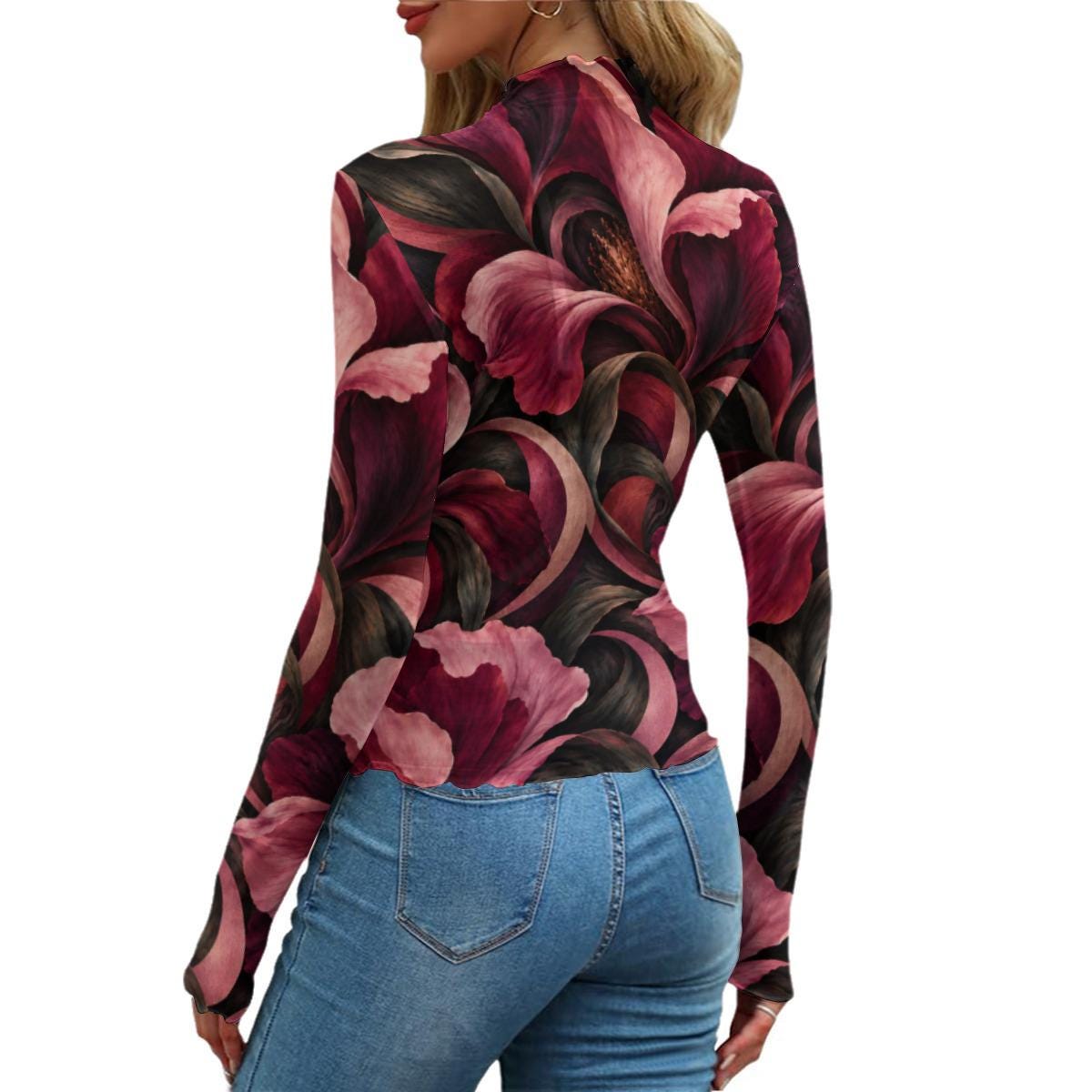 Burgundy Dark Floral Mesh Top, Sheer Long Sleeve Mock Neck Shirt — photo 12