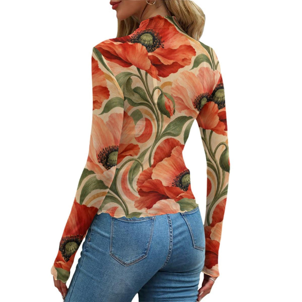 Red Poppy Floral Mesh Top, Sheer Long Sleeve Mock Neck Shirt — photo 14