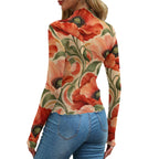 Red Poppy Floral Mesh Top, Sheer Long Sleeve Mock Neck Shirt — photo 14