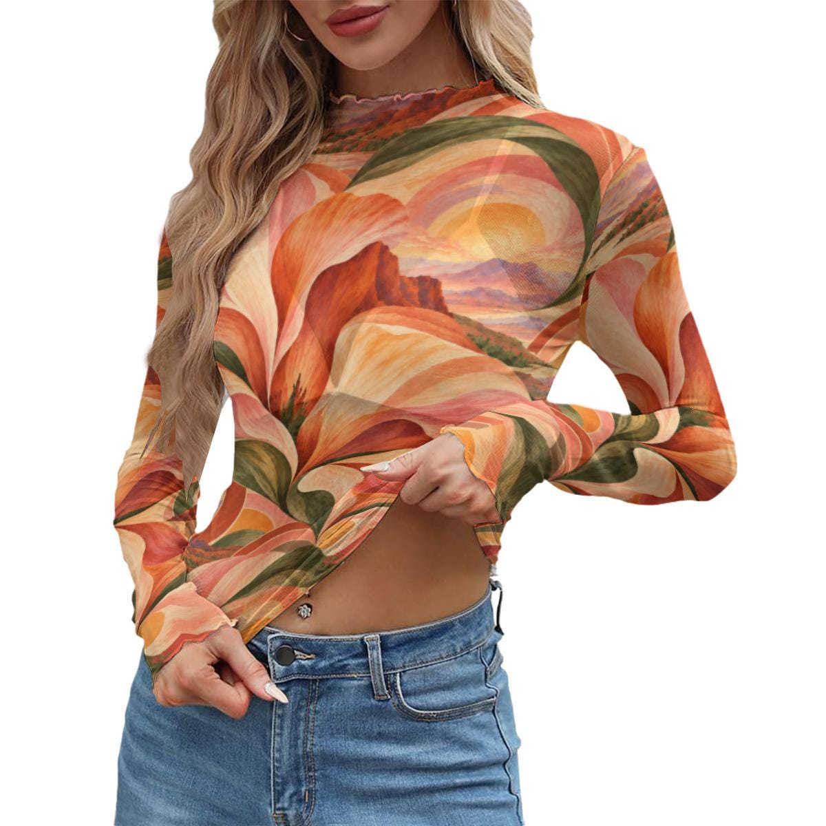 Orange Retro Floral Mesh Top, Sheer Long Sleeve Mock Neck Shirt — photo 15