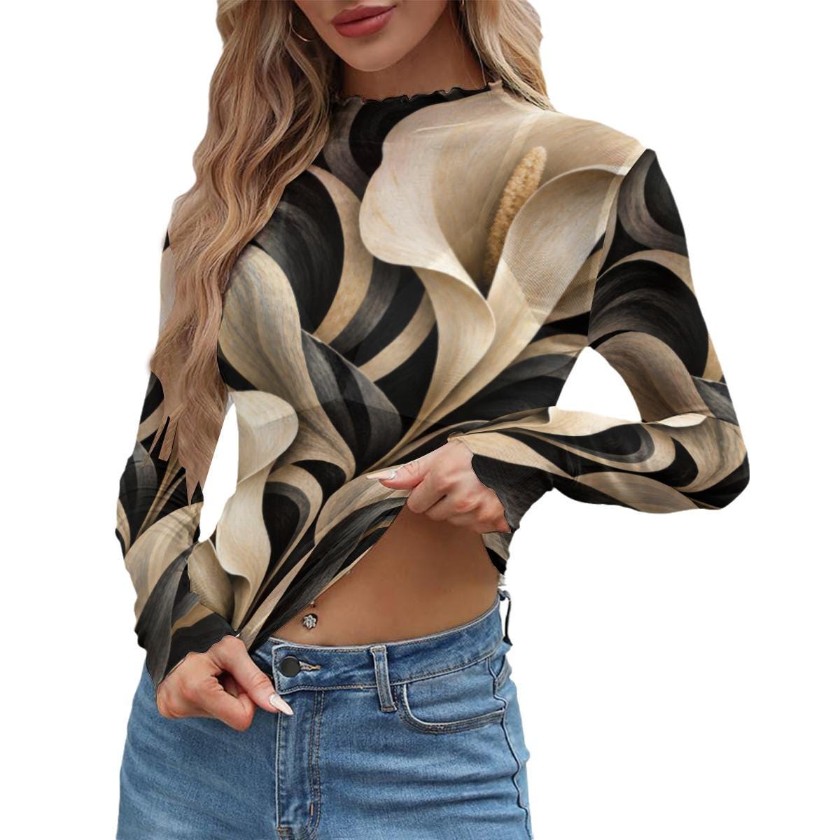 Black Cream Abstract Mesh Top, Sheer Long Sleeve Mock Neck Shirt — photo 2