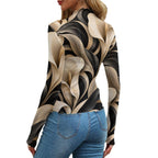 Black Cream Abstract Mesh Top, Sheer Long Sleeve Mock Neck Shirt — photo 13