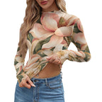Pink Magnolia Mesh Top, Sheer Floral Long Sleeve Mock Neck Shirt — photo 10