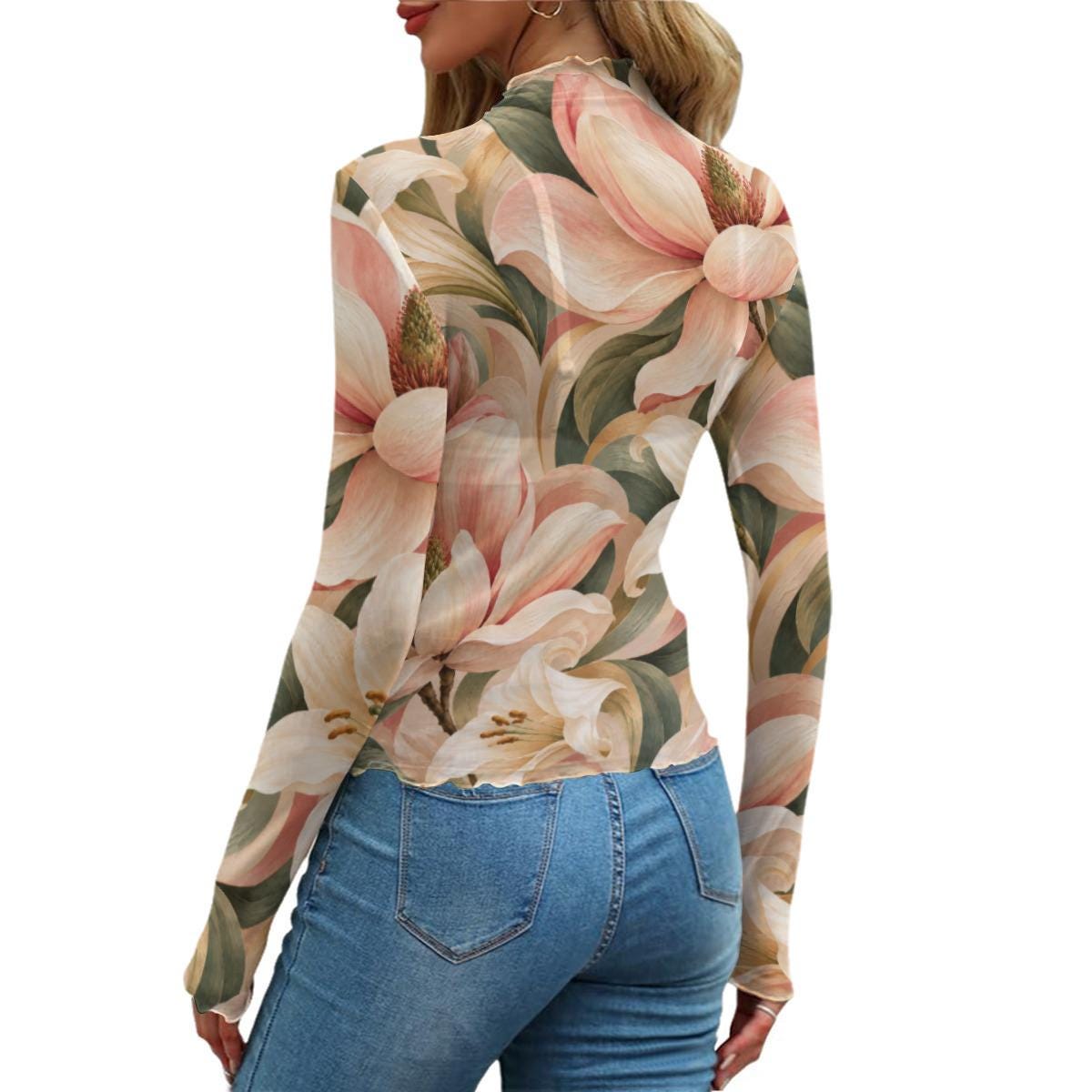 Pink Magnolia Mesh Top, Sheer Floral Long Sleeve Mock Neck Shirt — photo 11