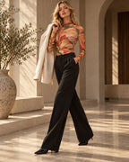 Orange Retro Floral Mesh Top, Sheer Long Sleeve Mock Neck Shirt — photo 13