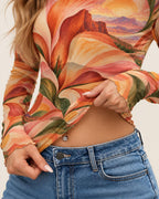 Orange Retro Floral Mesh Top, Sheer Long Sleeve Mock Neck Shirt — photo 17
