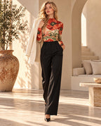 Red Poppy Floral Mesh Top, Sheer Long Sleeve Mock Neck Shirt — photo 12