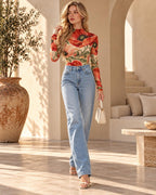 Red Poppy Floral Mesh Top, Sheer Long Sleeve Mock Neck Shirt — photo 8