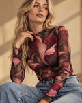 Burgundy Dark Floral Mesh Top, Sheer Long Sleeve Mock Neck Shirt — photo 1