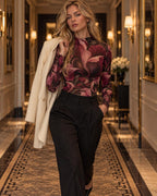 Burgundy Dark Floral Mesh Top, Sheer Long Sleeve Mock Neck Shirt — photo 9