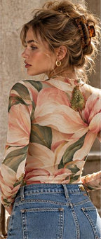 Pink Magnolia Mesh Top, Sheer Floral Long Sleeve Mock Neck Shirt — photo 2