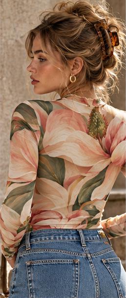 Pink Magnolia Mesh Top, Sheer Floral Long Sleeve Mock Neck Shirt — photo 2