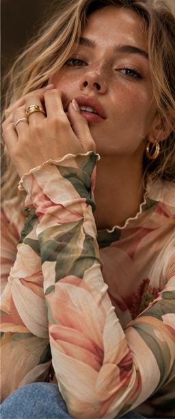 Pink Magnolia Mesh Top, Sheer Floral Long Sleeve Mock Neck Shirt — photo 8