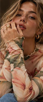 Pink Magnolia Mesh Top, Sheer Floral Long Sleeve Mock Neck Shirt — photo 8