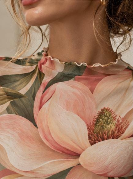 Pink Magnolia Mesh Top, Sheer Floral Long Sleeve Mock Neck Shirt — photo 5